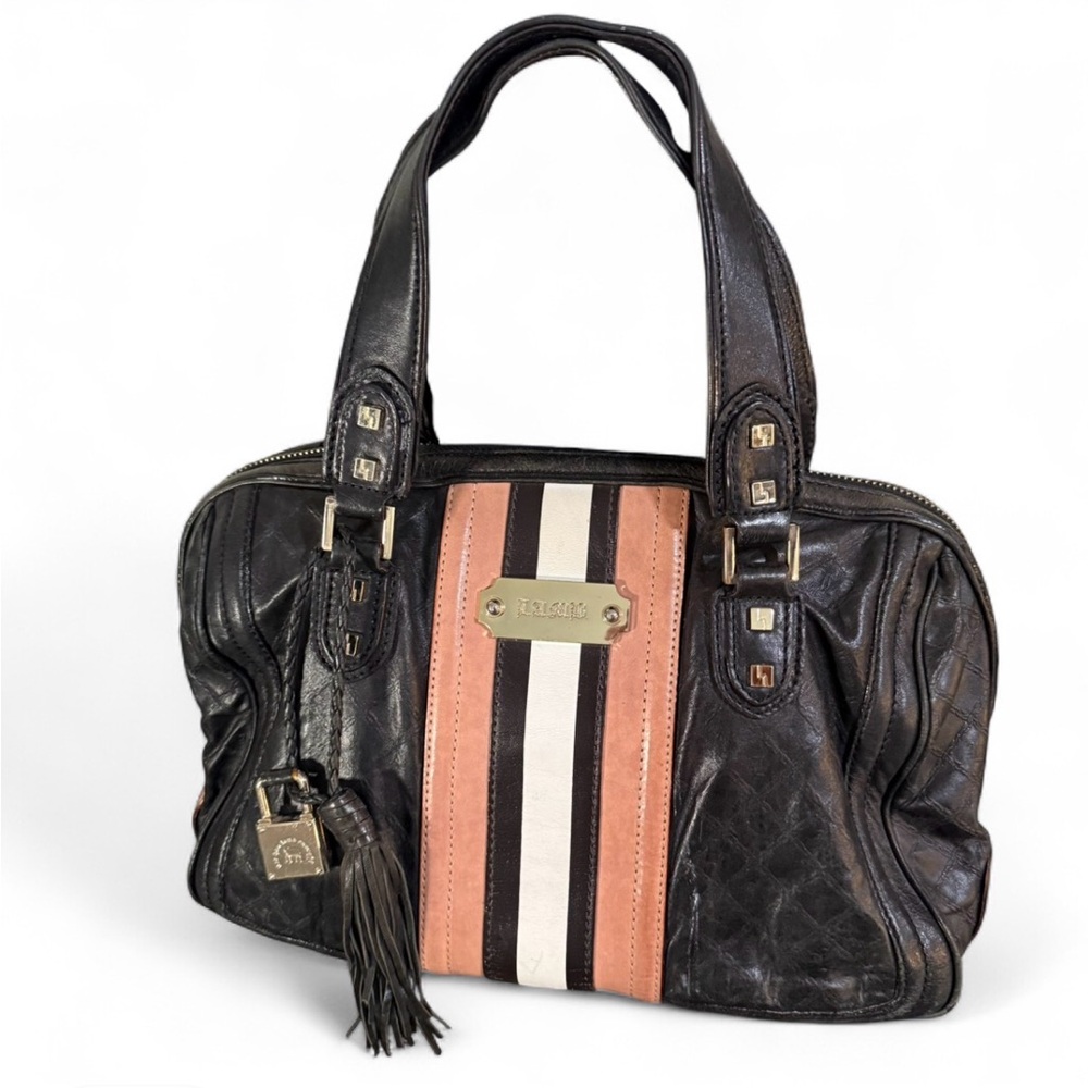 Vintage L.A.M.B. Black Striped Genuine Leather Shoulder Bag, Y2K, Retro